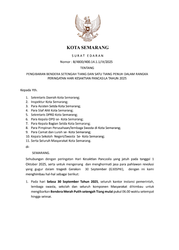 Pengibaran Bendera Setengah Tiang dan Satu Tiang Penuh Dalam Rangka Peringatan Hari Kesaktian Pancasila Tahun 2025